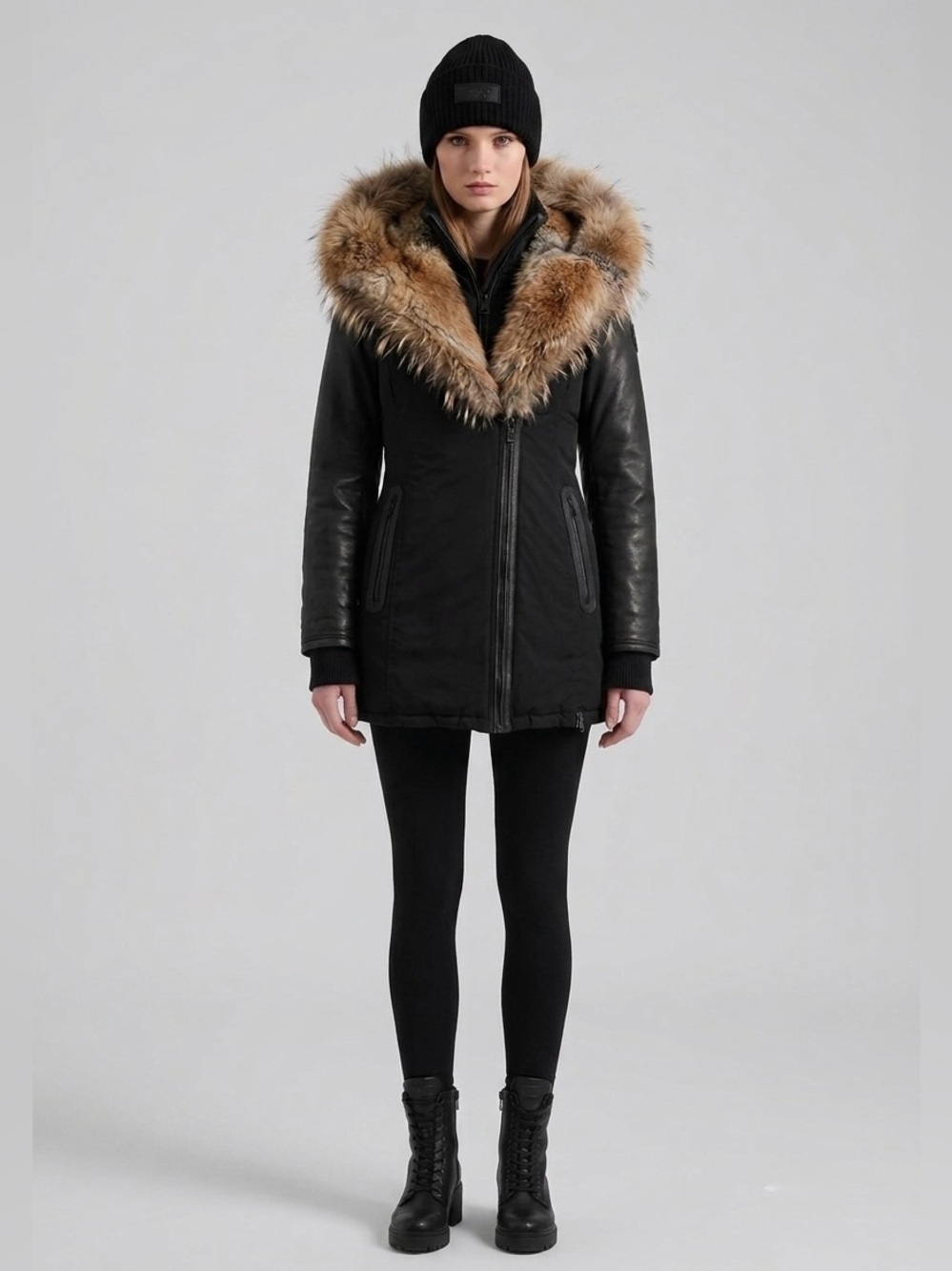 RUDSAK Black Down Fur Trimmed Midi Parka Leather Sleeves Size Medium Luxury Fall